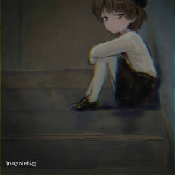 Rule 34 | 1girl, arms on knees, artist name, beret, black footwear, black hat, black skirt, brown eyes, brown hair, chromatic aberration, closed mouth, commentary request, ebisen (kurumimitium), expressionless, from side, hat, hatoba tsugu, light blush, long sleeves, looking to the side, mole, mole under eye, pantyhose, shirt, shirt tucked in, shoes, short hair, sitting, sitting on stairs, skirt, solo, stairs, tsugu (vtuber), virtual youtuber, white pantyhose, white shirt