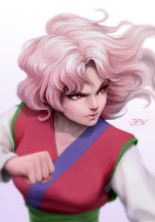 Rule 34 | 1girl, aged down, brown eyes, clenched hand, closed mouth, crossmudge, genkai, long hair, looking to the side, parted bangs, pink hair, realistic, solo, upper body, white background, yuu yuu hakusho