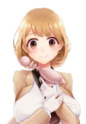 Rule 34 | 10s, 1girl, breasts, brown eyes, brown hair, energy gun, furirepu, gloves, highres, looking at viewer, matching hair/eyes, medium breasts, narusawa ryouka, occultic;nine, ray gun, short hair, simple background, smile, solo, upper body, weapon, white background, white gloves