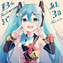 Rule 34 | 1girl, :d, anniversary, bare shoulders, black sailor collar, black sleeves, blue bow, blue eyes, blue hair, blush, bow, brown background, detached sleeves, dress, hair between eyes, hair ribbon, hands up, haruta (user dndp3458), hatsune miku, highres, long sleeves, looking at viewer, magical mirai miku, magical mirai miku (2018), open mouth, red bow, ribbon, sailor collar, sleeveless, sleeveless dress, smile, solo, teeth, translation request, twintails, twitter username, upper teeth only, v, vocaloid, white dress, white ribbon, yellow bow