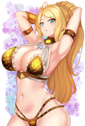 Rule 34 | 1girl, absurdres, aqua eyes, armlet, armor, armpits, arms behind head, arms up, bikini armor, blonde hair, blush, bracelet, breasts, cowboy shot, highres, jewelry, large breasts, long hair, looking at viewer, navel, nez-box, original, parted bangs, parted lips, ponytail, solo, studded armlet