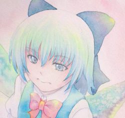 Rule 34 | 1girl, blue eyes, blue hair, bow, cirno, hair bow, ice, ice wings, matching hair/eyes, painting (medium), pout, solo, touhou, traditional media, watercolor (medium), wings, yuyu (00365676)