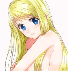 Rule 34 | 1girl, bare arms, bare shoulders, blonde hair, blue eyes, blush, breasts, close-up, commentary request, covering privates, expressionless, eyelashes, fullmetal alchemist, hair over breasts, head tilt, highres, long hair, looking at viewer, machi (xxx503r), nude, nude cover, shadow, sideboob, simple background, solo, solo focus, upper body, white background, winry rockbell