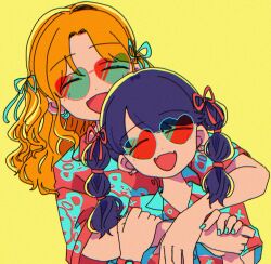 Rule 34 | 2girls, black hair, blue nails, blue ribbon, blue shirt, blush, bow, breasts, brown hair, dot nose, earrings, fangs, fukumaru koito, hair bow, hair ribbon, hand grab, heart, heart-shaped eyewear, highres, ichikawa hinana, idolmaster, idolmaster shiny colors, jewelry, large breasts, long hair, looking at viewer, multiple girls, nuime, open mouth, parted bangs, print shirt, red ribbon, red shirt, ribbon, shirt, short sleeves, simple background, skin fangs, small breasts, smile, sunglasses, twintails, upper body, watch, wristwatch, yellow background