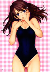 Rule 34 | 1girl, absurdres, blue eyes, bow, brown hair, cleft of venus, clothing aside, female pubic hair, finger to mouth, hair bow, highres, one-piece swimsuit, pubic hair, pussy, solo, swimsuit, swimsuit aside, tony taka, uncensored