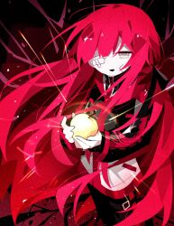 Rule 34 | 1girl, apple, black jacket, food, from above, fruit, gauze over eye, golden apple, grey eyes, highres, jacket, lemonail, light, limbus company, long sleeves, looking at viewer, open mouth, project moon, smile, solo, yuri (project moon)