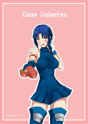 Rule 34 | 1girl, bare shoulders, blue dress, blue eyes, blue gloves, blue hair, blush, boots, box, breasts, ciel (tsukihime), dress, gift, gift box, gloves, heart-shaped box, highres, looking at viewer, medium breasts, melty blood, oceanbellereine, outstretched hand, pleated dress, pov, powered ciel, short dress, short hair, sleeveless, solo, tattoo, thigh boots, thighhighs, tsukihime, valentine, zettai ryouiki