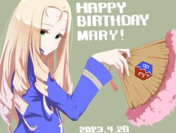 Rule 34 | 1girl, bc freedom military uniform, birthday, blonde hair, blue jacket, brown background, character name, closed mouth, dated, drill hair, english text, folding fan, from side, girls und panzer, green eyes, hand fan, happy birthday, holding, holding fan, jacket, long hair, long sleeves, looking at viewer, marie (girls und panzer), military uniform, oritako, simple background, smile, solo, uniform, upper body