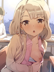 Rule 34 | 1boy, 1girl, ?, blonde hair, blue bra, bra, bra pull, breasts, brown eyes, cardigan, classroom, clothes pull, commentary request, flashing, hair ribbon, highres, hisakawa nagi, idolmaster, idolmaster cinderella girls, indoors, long hair, long sleeves, low twintails, medium breasts, nipples, one breast out, open mouth, parted bangs, pink shirt, pulling own clothes, red ribbon, ribbon, seneto, shirt, shirt pull, table, twintails, underwear, yellow cardigan