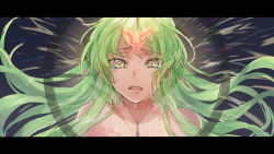 Rule 34 | 1girl, c.c., code geass, completely nude, crying, crying with eyes open, floating hair, geass, green hair, highres, letterboxed, long hair, looking at viewer, nude, open mouth, portrait, solo, sumi otto, tears, very long hair, vocaloid, yellow eyes
