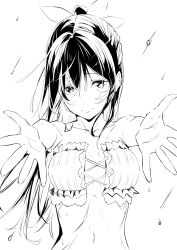 Rule 34 | 1girl, absurdres, bare shoulders, black hair, bra, breasts, collarbone, cross-laced clothes, cross-laced top, dress, frilled bra, frills, high ponytail, highres, long hair, looking at viewer, love live!, love live! nijigasaki high school idol club, medium breasts, monochrome, navel, osaka shizuku, outstretched arms, ponytail, rain, reaching, reaching towards viewer, ribbon, ribs, simple background, sketch, smile, solo, spread arms, spread fingers, tommer, underwear, upper body, white background