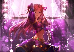 Rule 34 | 10s, 1girl, aikatsu!, aikatsu! (series), aikatsu stars!, arabian clothes, arm behind head, arm up, bangle, bracelet, brooch, brown hair, commentary request, cowboy shot, crop top, curtains, dancing, earrings, gem, hair ornament, hair ribbon, harem outfit, jewelry, kasumi yozora, koruse, lens flare, long hair, long sleeves, looking at viewer, midriff, navel, necklace, open mouth, outstretched arm, petals, pink ribbon, purple eyes, purple shirt, purple skirt, purple theme, red eyes, red hair, ribbon, shirt, skirt, smile, solo, sparkle, stage, stage lights, stairs, swept bangs