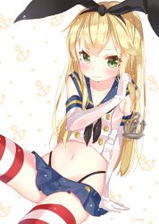 Rule 34 | 10s, 1girl, anchor hair ornament, anchor symbol, arm support, artist name, black panties, blonde hair, blush, buttons, collarbone, crop top, elbow gloves, gloves, green eyes, hair ornament, hairband, highres, holding, holding own hair, jimmy madomagi, kantai collection, long hair, looking at viewer, midriff, miniskirt, navel, neckerchief, panties, pleated skirt, school uniform, serafuku, shimakaze (kancolle), signature, sitting, skirt, sleeveless, solo, stomach, striped clothes, striped thighhighs, thighhighs, underwear, wavy mouth, wet, wet clothes, wet hair, white gloves