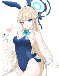 Rule 34 | 1girl, animal ears, aqua bow, aqua bowtie, blonde hair, blue archive, blue eyes, blue halo, blue leotard, bow, bowtie, breasts, cleavage, covered navel, detached collar, earpiece, fake animal ears, fake tail, halo, highleg, highleg leotard, highres, leotard, medium breasts, niwapen, pantyhose, playboy bunny, rabbit ears, rabbit tail, simple background, solo, strapless, strapless leotard, tail, thighhighs, toki (blue archive), toki (bunny) (blue archive), white background, white thighhighs, white wrist cuffs, wrist cuffs