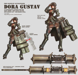 Rule 34 | 1girl, absurdres, breasts, brown eyes, brown hair, character sheet, cleavage, cleavage cutout, clothing cutout, commentary, full body, gun, hat, highres, huge weapon, large breasts, len brew, long legs, multiple views, pixiv fantasia, pixiv fantasia t, pointy ears, weapon