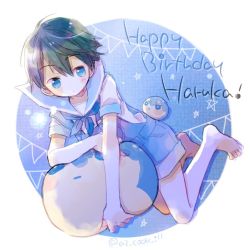 Rule 34 | 10s, 1boy, aged down, ascot, barefoot, black hair, blue eyes, blush, blush stickers, character name, child, free!, full body, happy birthday, high speed!, katagiri atsuko, looking to the side, male focus, merchandise, nanase haruka (free!), omanjuu, overalls, sailor, short hair, short sleeves, shorts, solo, string of flags, suspenders, text focus, twitter username