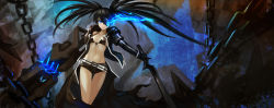 Rule 34 | 10s, 1girl, asymmetrical sleeves, bad id, bad pixiv id, belt, bikini, bikini top only, black bikini, black gloves, black jacket, black ribbon, black rock shooter, black rock shooter (character), black shorts, blue eyes, chain, checkered background, collarbone, dark, dutch angle, floating hair, gloves, glowing, glowing eye, hair between eyes, highres, holding, holding sword, holding weapon, jacket, long sleeves, looking at viewer, mechanical arms, midriff, navel, open clothes, open jacket, ribbon, short shorts, short sleeves, shorts, simple background, single mechanical arm, solo, star (symbol), stomach, swimsuit, sword, thigh gap, toned, twintails, uneven sleeves, weapon, zhuore zhi hen