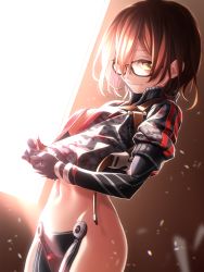 Rule 34 | 1girl, android, black-framed eyewear, black gloves, black jacket, black legwear, breasts, brown hair, camouflage, camouflage jacket, closed mouth, commentary, cowboy shot, cropped jacket, day, eyelashes, fenrir (fenlil0316), glasses, gloves, groin, hair between eyes, highres, hololive, indoors, jacket, looking at viewer, mechanical arms, medium breasts, midriff, navel, no pants, orange eyes, partially unzipped, roboco-san, roboco-san (1st costume), short hair, smile, solo, sunlight, thighs, unzipping, virtual youtuber, window, zipper, zipper pull tab
