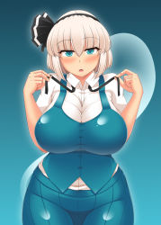 Rule 34 | 1girl, :o, blue eyes, blush, breasts, collared shirt, curvy, glowing, hair ribbon, hairband, half-closed eyes, huge breasts, konpaku youmu, konpaku youmu (ghost), large breasts, looking at viewer, open mouth, pleated skirt, plump, ribbon, shirt, shitto mask (shittoden), short hair, skirt, solo, thick thighs, thighs, touhou, undressing, vest, wide hips