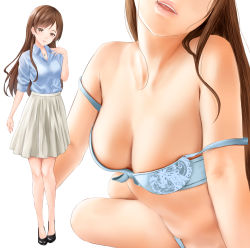 Rule 34 | 1girl, black footwear, blue bra, blue panties, blue shirt, bra, breasts, brown eyes, brown hair, buttons, cleavage, collared shirt, commentary request, earrings, grey skirt, hand on own chest, high-waist skirt, high heels, idolmaster, idolmaster cinderella girls, irohakaede, jewelry, long hair, looking at viewer, medium breasts, multiple views, necklace, nitta minami, open mouth, panties, shirt, shoes, simple background, skirt, standing, strap slip, underwear, underwear only, white background