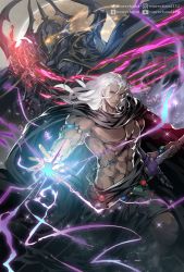 Rule 34 | abs, armlet, armor, bracelet, cloak, dual persona, final fantasy, final fantasy iv, final fantasy iv: the after years, glowing, glowing eyes, golbez, highres, jewelry, looking at viewer, magic, moreshan, muscular, open hand, outstretched arm, serious, topless male, silver hair, sword, weapon