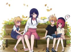 Rule 34 | 1boy, 3girls, arima kana, bench, beret, black shirt, blonde hair, blue eyes, blue headwear, blue overalls, blush, bob cut, closed mouth, commentary, dress, english commentary, falling leaves, hair over one eye, hat, headpat, heart, highres, hoshino ai (oshi no ko), hoshino aquamarine, hoshino ruby, inverted bob, leaf, long hair, long sleeves, medium hair, mismatched pupils, mother and daughter, mother and son, multiple girls, neck ribbon, no pupils, oshi no ko, overalls, park bench, pink eyes, pink skirt, pout, purple eyes, purple hair, red eyes, red hair, ribbon, shirt, short hair, short sleeves, shorts, siblings, side ponytail, sidelocks, sisters, sitting, skirt, smile, socks, spoken heart, star-shaped pupils, star (symbol), symbol-shaped pupils, tsunkyunn, white dress, white ribbon, white shirt, white shorts, white socks