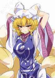Rule 34 | 1girl, animal hat, arms behind head, arms up, blonde hair, blush, breasts, cowboy shot, dress, fox tail, hat, highres, large breasts, looking at viewer, mob cap, multiple tails, rihito (usazukin), see-through, solo, tabard, tail, tassel, touhou, wavy mouth, white dress, wide sleeves, yakumo ran, yellow eyes