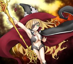 Rule 34 | 1girl, alternate breast size, arm up, armpits, blonde hair, breasts, cape, cleavage, eyepatch, green eyes, groin, gungnir (toaru), hat, holding, holding polearm, holding spear, holding weapon, large breasts, long hair, navel, othinus, polearm, shin (highest1192), smirk, solo, spear, toaru majutsu no index, toaru majutsu no index: new testament, weapon, witch hat