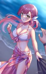 Rule 34 | 1girl, armpits, beach, bikini, blush, bracelet, braid, breasts, cleavage, clothes grab, frilled bikini, frills, hair ribbon, highres, jewelry, large breasts, long hair, looking at viewer, mio1030, mole, mole on stomach, mole under eye, multiple bracelets, navel, night, ocean, open mouth, original, outdoors, pink hair, ponytail, ribbon, sarong, solo focus, swimsuit, very long hair, yellow eyes