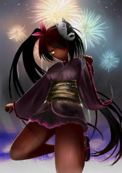 Rule 34 | 10s, 1girl, black hair, fireworks, fox mask, glowing, glowing eyes, highres, japanese clothes, jewelry, long hair, mask, master nemesis, mtcexe3, necklace, solo, to love-ru, to love-ru darkness, yellow eyes