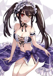 Rule 34 | 1girl, arm garter, asle, bare shoulders, bikini, black bikini, black ribbon, bow, breasts, brown hair, character name, cleavage, clock eyes, commentary request, date a live, frilled bikini, frills, hairband, heterochromia, lolita hairband, long hair, looking at viewer, medium breasts, neck ribbon, purple bow, red eyes, ribbon, sarong, sidelocks, sitting, solo, strapless, strapless bikini, swimsuit, symbol-shaped pupils, thighs, tokisaki kurumi, translation request, triangle, twintails, yellow eyes
