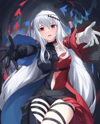 Rule 34 | 1girl, allen.n, arknights, ascot, asymmetrical gloves, breasts, clothing cutout, gloves, grey hair, highres, large breasts, long hair, mismatched gloves, navel, navel cutout, reaching, reaching towards viewer, red eyes, skadi (arknights), skadi the corrupting heart (arknights), split theme, tears, thigh cutout, thigh strap