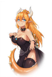 Rule 34 | 1girl, bare shoulders, black dress, black thighhighs, blonde hair, blue eyes, blush, bowsette, bracelet, breasts, brooch, cleavage, closed mouth, clothes lift, collar, commentary request, covered navel, dress, earrings, fang, hair between eyes, hand on own chest, highres, horns, jewelry, large breasts, lifted by self, long hair, looking at viewer, mario (series), new super mario bros. u deluxe, nintendo, pointy ears, ponytail, sidelocks, simple background, skirt, skirt lift, sleeveless, sleeveless dress, smile, solo, spiked bracelet, spiked collar, spiked shell, spiked tail, spikes, strapless, strapless dress, super crown, tail, thighhighs, turtle shell, white background, xian yu mo ren