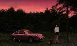 Rule 34 | 1other, absurdres, ambiguous gender, building, car, dark, foliage, highres, holding, hose, motor vehicle, original, orval, outdoors, porsche, red sky, shirt, shoes, short sleeves, shorts, sky, solo, sports car, standing, tree, vehicle focus, washing vehicle, white footwear, white shirt, wide shot