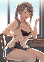 Rule 34 | 1girl, black bra, black panties, blue skirt, blurry, blurry background, blush, bra, bracelet, breasts, brown hair, chair, classroom, cleavage, closed eyes, clothes lift, collared shirt, commentary request, desk, elbow rest, hand up, highres, hot, indoors, itohana, jewelry, lifted by self, long hair, looking at viewer, miniskirt, open mouth, original, panties, panty peek, partially unbuttoned, ponytail, school chair, school desk, school uniform, see-through, shirt, short sleeves, sitting, skirt, skirt lift, solo, sweat, tongue, underwear, white shirt