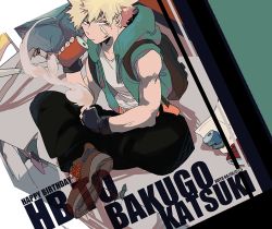 Rule 34 | 10s, 1boy, 2016, bakugou katsuki, bandaid, bandaid on face, black gloves, blonde hair, boku no hero academia, boots, can, character name, dated, fingerless gloves, gloves, happy birthday, hood, hooded vest, hoodie, looking at viewer, male focus, open clothes, open vest, sitting, solo, spiked hair, vest, xi yuu