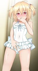 Rule 34 | 1girl, ayano rika, blonde hair, blush, clothed masturbation, crotch rub, female masturbation, fingering, hand to own mouth, highres, kokubo, magia record: mahou shoujo madoka magica gaiden, mahou shoujo madoka magica, masturbation, one-piece swimsuit, pussy, red eyes, short hair, solo, swimsuit, two side up, white one-piece swimsuit