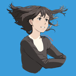 Rule 34 | 1girl, black eyes, black hair, blue background, breasts, cropped arms, cropped torso, floating hair, looking to the side, medium breasts, medium hair, signature, simple background, smile, solo, umishima senbon