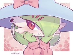 Rule 34 | 1girl, alternate costume, artist name, bellavoirr, blue hat, blush, bob cut, border, bow, closed mouth, clothed pokemon, colored skin, cosplay, creatures (company), ear piercing, female focus, game freak, gardevoir, gen 3 pokemon, gen 8 pokemon, green hair, green skin, hair ornament, hair over one eye, hairclip, hands on own face, hands up, happy, hat, hat bow, hatterene, hatterene (cosplay), long sleeves, looking at viewer, multicolored skin, nintendo, outline, outside border, piercing, pink background, pink bow, pink sweater, pokemon, puffy long sleeves, puffy sleeves, red eyes, short hair, signature, smile, solo, sparkle, sweater, two-tone skin, upper body, white border, white outline, white skin, witch hat, x hair ornament