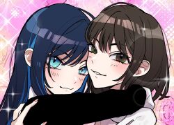 Rule 34 | 2girls, actress, ado (utaite), blue eyes, blue hair, blush, brown eyes, brown hair, chando (ado), closed mouth, cloud nine inc, colored inner hair, commentary request, dark blue hair, hamabe minami, hug, long hair, looking at viewer, mole, mole under eye, multicolored hair, multiple girls, parted lips, pink background, pink nails, real life, riseno, short hair, sidelocks, sparkle, upper body, utaite, yuri