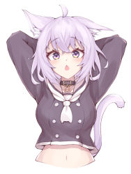 Rule 34 | 1girl, :o, ahoge, animal ear fluff, animal ears, arms behind head, bad id, bad pixiv id, blush, breasts, cat ears, cat pendant, cat tail, chestnut mouth, choker, collar, cropped torso, eihire, eyelashes, hololive, long sleeves, looking at viewer, medium breasts, medium hair, navel, neckerchief, nekomata okayu, nekomata okayu (casual), pendant choker, purple eyes, sailor collar, simple background, solo, sparkling eyes, tail, upper body, virtual youtuber, white background, white neckerchief