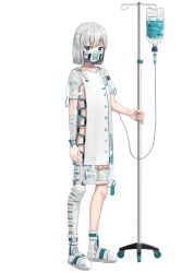 Rule 34 | blue eyes, bob cut, boots, closed mouth, commentary request, covered mouth, full body, grey hair, hair between eyes, highres, holding, hospital gown, intravenous drip, looking at viewer, mask, medium hair, mouth mask, original, simple background, solo, standing, tagme, taiga (ryukyu-6102-8), white background