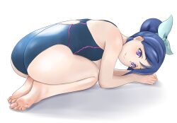 Rule 34 | 1girl, absurdres, ass, bare legs, bare shoulders, barefoot, blue hair, blue one-piece swimsuit, breasts on lap, closed mouth, feet, female focus, from side, genjitsu no yohane, green ribbon, hair bun, hair ribbon, highres, lips, looking at viewer, love live!, love live! sunshine!!, lying, matsuura kanan, on stomach, one-piece swimsuit, purple eyes, ribbon, shirow (mha03133), simple background, smile, soles, solo, swimsuit, thighs, toes, white background