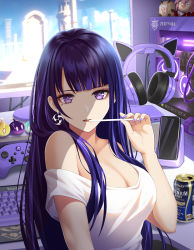 Rule 34 | 1girl, absurdres, alternate costume, alternate hairstyle, animal ear headphones, animal ears, bare shoulders, beer can, blunt bangs, breasts, can, cat ear headphones, cellphone, character doll, cleavage, controller, drink can, earrings, fake animal ears, game controller, genshin impact, headphones, highres, hilichurl (genshin impact), indoors, jewelry, keyboard (computer), large breasts, looking at viewer, mole, mole under eye, nail polish, off-shoulder shirt, off shoulder, open mouth, phone, purple eyes, purple hair, raiden shogun, shirt, single earring, smartphone, solo, sony kisaragi, upper body, white shirt