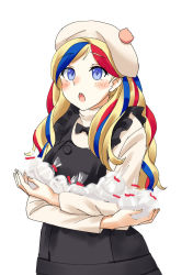 Rule 34 | 1girl, alternate costume, apron, bag, beret, black apron, blonde hair, blue eyes, blue hair, chestnut mouth, commandant teste (kancolle), commentary request, food, frilled apron, frills, hat, kantai collection, long hair, looking at viewer, mayura (lucadia), mochi, multicolored hair, open mouth, plastic bag, pom pom (clothes), red hair, simple background, solo, streaked hair, teeth, upper body, upper teeth only, wavy hair, white background, white hat