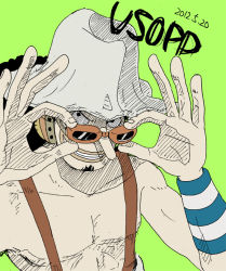 Rule 34 | 1boy, adjusting goggles, black hair, character name, color background, facial hair, goatee, goggles, green background, green theme, hat, headphones, kyakya, male focus, one piece, topless male, solo, suspenders, usopp