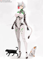 Rule 34 | 1girl, animal, animal ears, bamuth, bodysuit, breasts, cat, cat ears, cat tail, full body, green eyes, high heels, highres, large breasts, looking at viewer, original, patreon username, red hair, ribbon, short hair, simple background, tail, white background, white hair