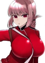 Rule 34 | 1girl, between breasts, braid, breasts, fate/grand order, fate (series), florence nightingale (fate), highres, huge breasts, open mouth, pink hair, red eyes, red shirt, shirt, simple background, strap between breasts, white background