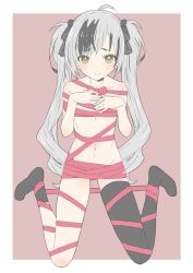 Rule 34 | 1boy, absurdres, asymmetrical legwear, bad id, bad twitter id, black bow, black hair, black thighhighs, blush, bow, brown background, closed mouth, collarbone, donguri suzume, grey hair, hair bow, hands on own chest, heart, heart-shaped pupils, highres, long hair, looking at viewer, male focus, mismatched legwear, multicolored hair, naked ribbon, navel, nijisanji, ribbon, seiza, simple background, single thighhigh, sitting, smile, solo, suzuki masaru, symbol-shaped pupils, thighhighs, trap, very long hair, virtual youtuber, yellow eyes