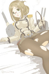 Rule 34 | 1girl, adapted turret, breasts, brown pantyhose, brown skirt, buttons, cannon, collared shirt, double-breasted, epaulettes, folded ponytail, glasses, gloves, green eyes, highres, kantai collection, katori (kancolle), kujira naoto, large breasts, light brown hair, looking at viewer, machinery, military, military uniform, pantyhose, parted bangs, pencil skirt, riding crop, rimless eyewear, shirt, skirt, solo, torn clothes, torn pantyhose, turret, uniform, white gloves